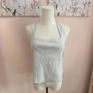 American Eagle Grey Ribbed Halter Tank Top XL Lace Trim Stretch
